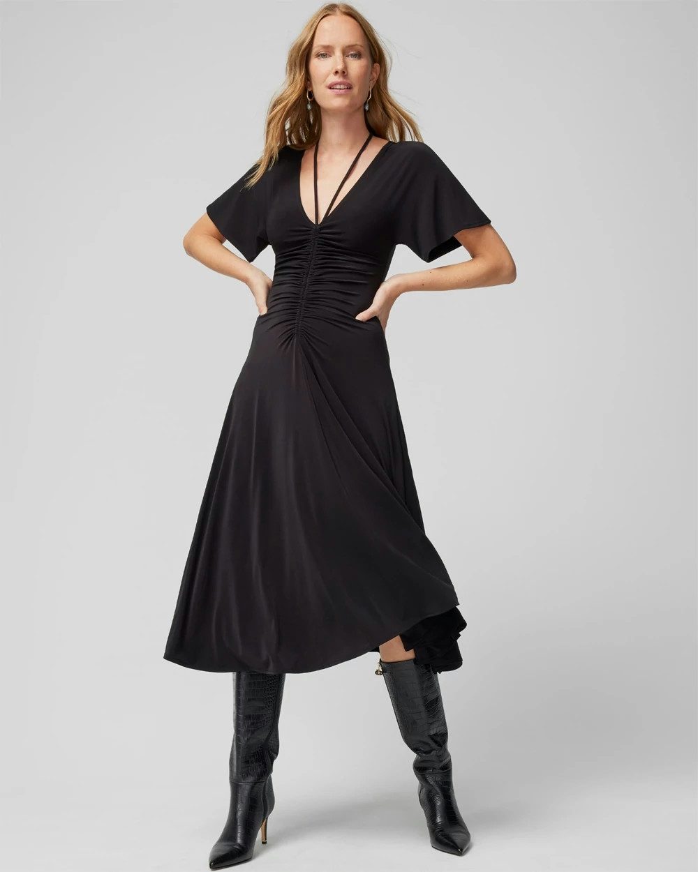 Shop White House Black Market Petite Short-sleeve Ruched Front Midi Dress In Black