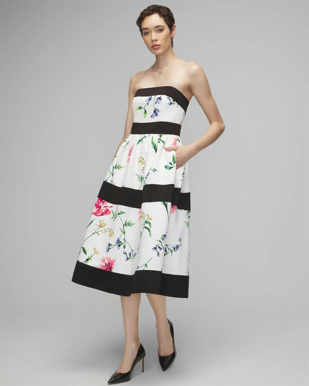 Shop White House Black Market Petite Strapless Floral Contrast Fit & Flare Dress In Springtime Ao Ecru