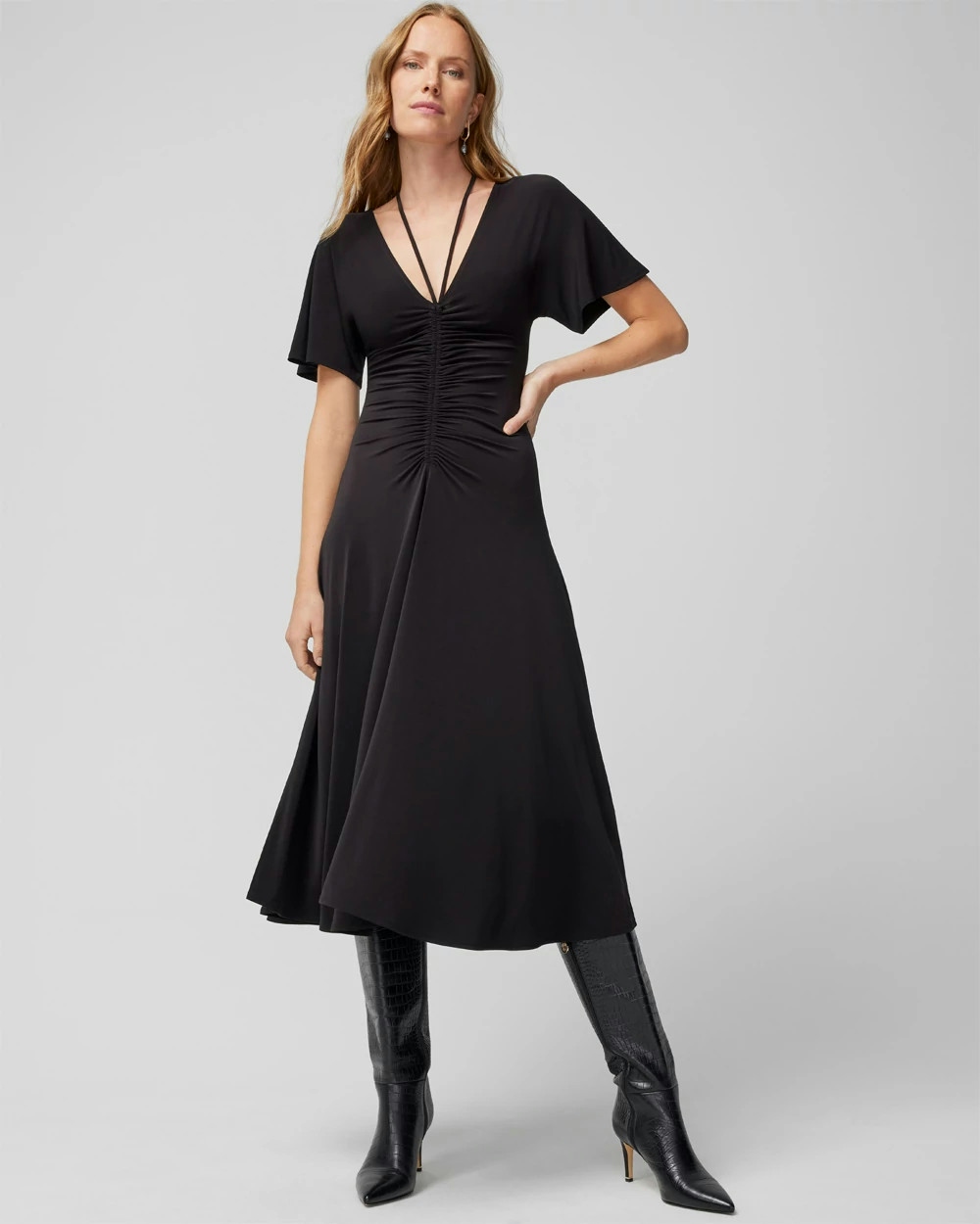 White House Black Market Petite Short-sleeve Ruched Front Midi Dress In Black