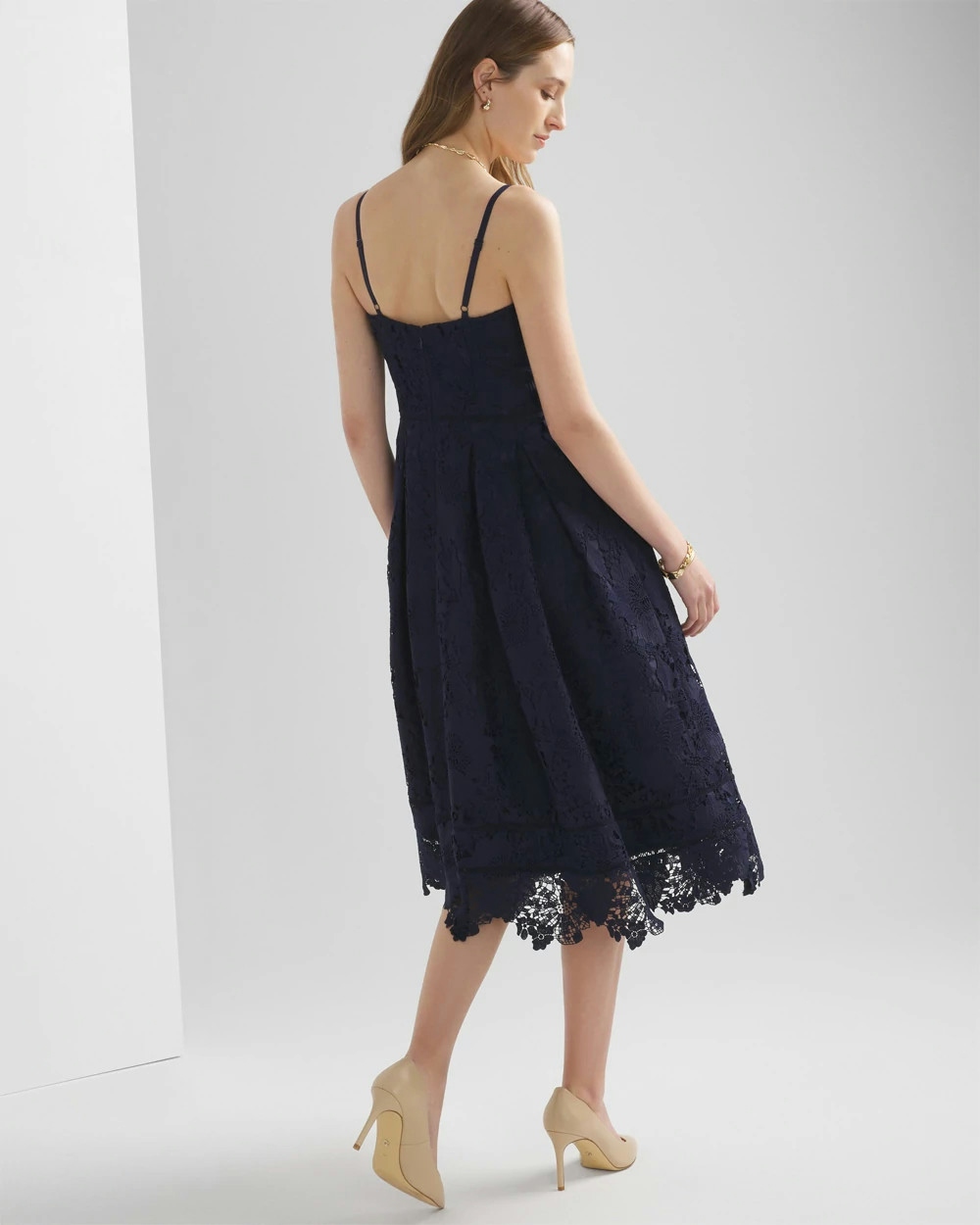 Shop White House Black Market Petite Sleeveless Lace Fit & Flare Midi Dress In Navy Blue