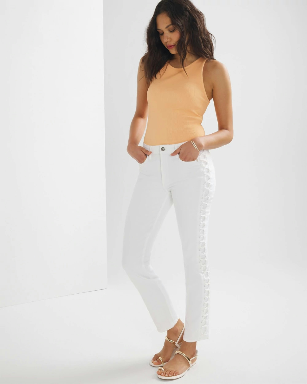 Shop White House Black Market High-rise Lace-up Straight Jeans In White
