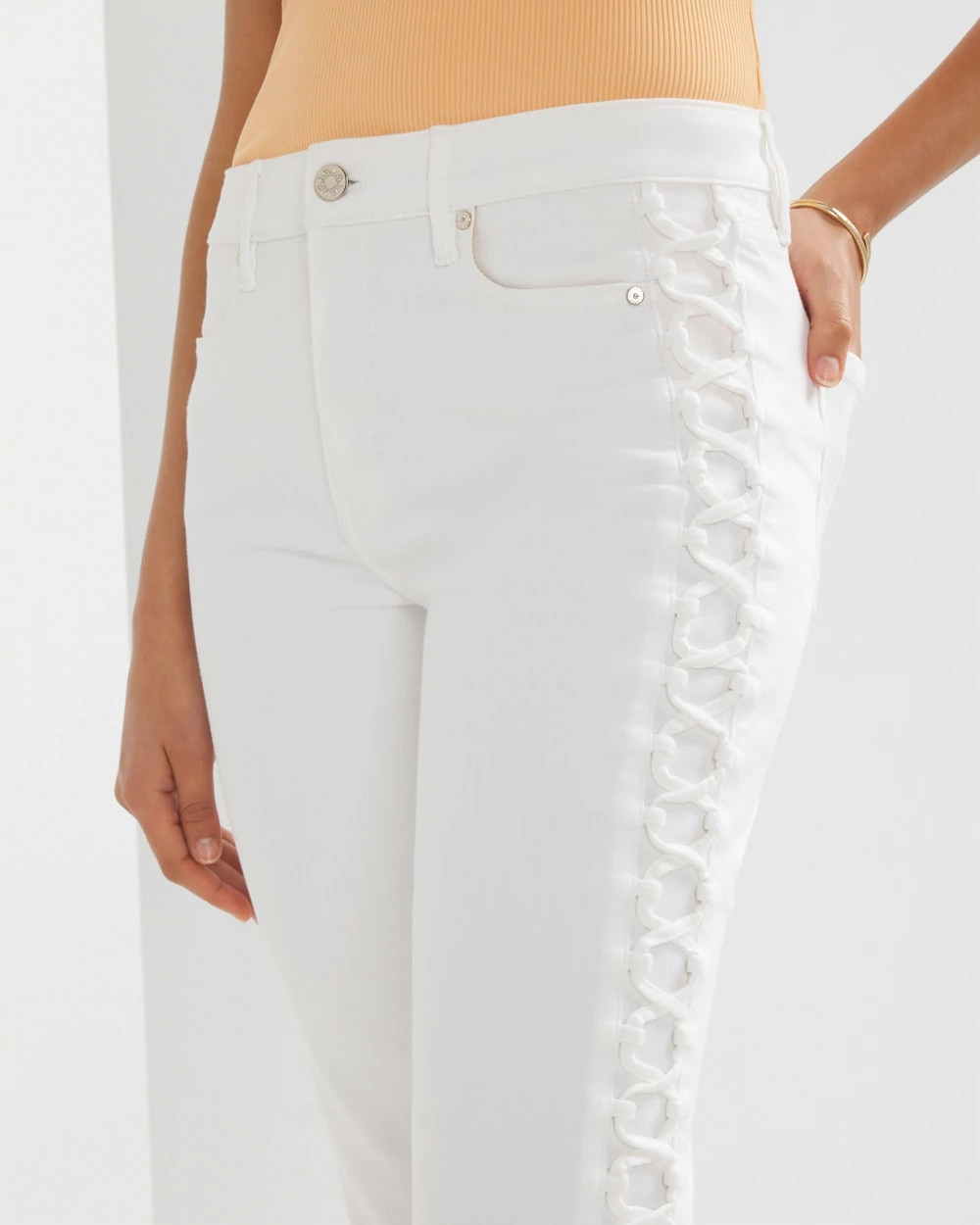 Shop White House Black Market High-rise Lace-up Straight Jeans In White