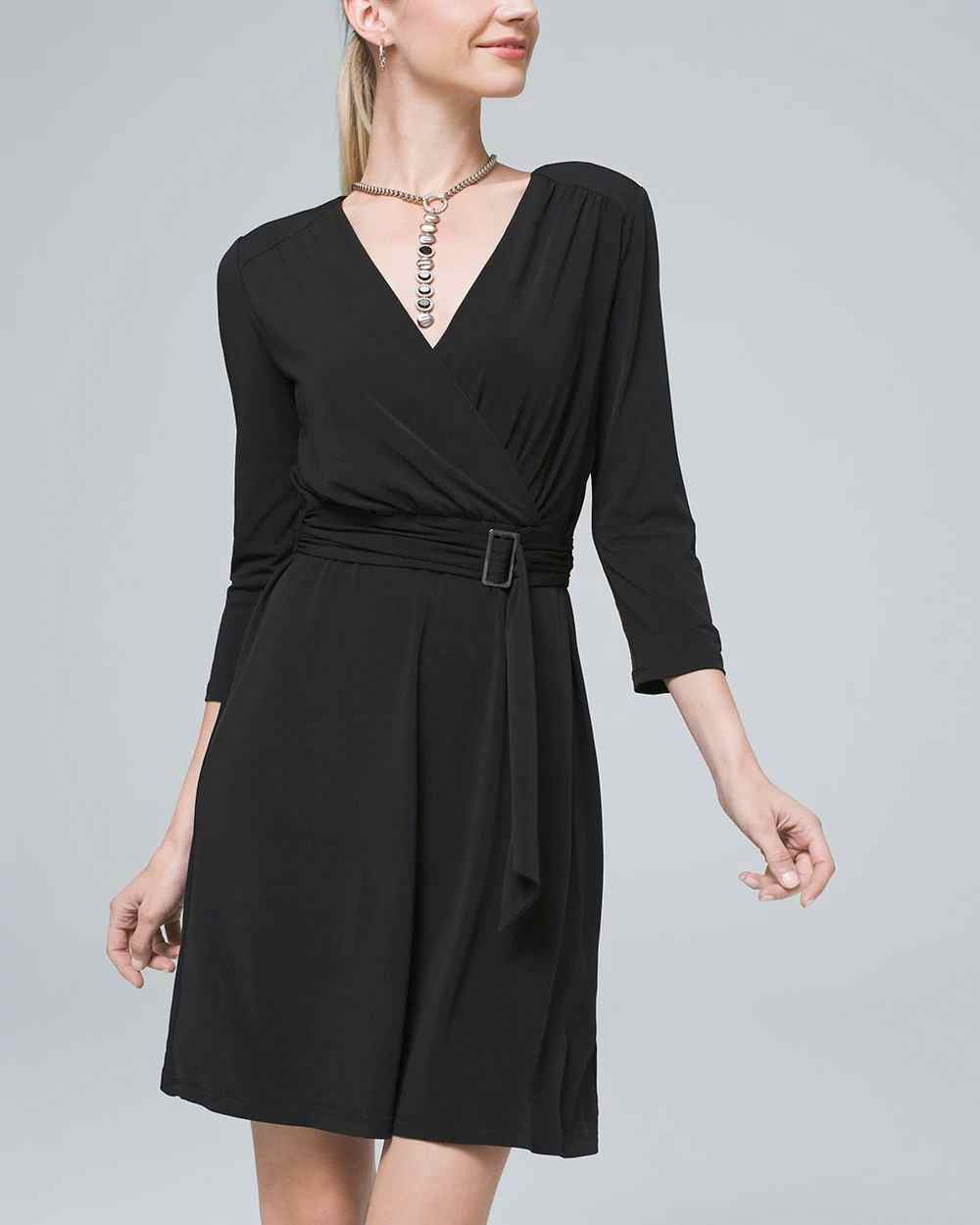 Petite Matte Jersey Belted Surplice Dress | White House Black Market