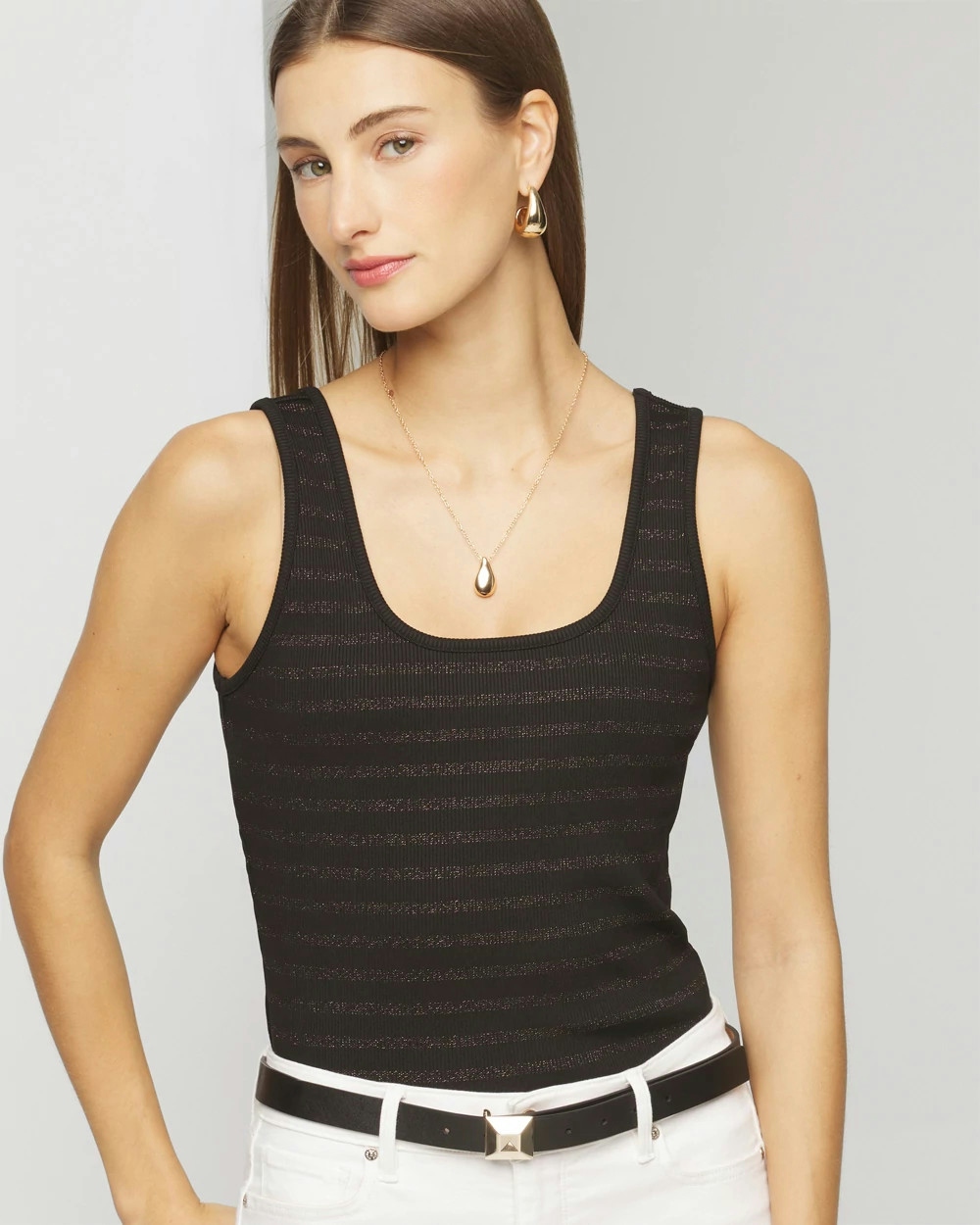 White House Black Market Ribbed Scoop Tank Top In Meadow/strp Blk W/copper