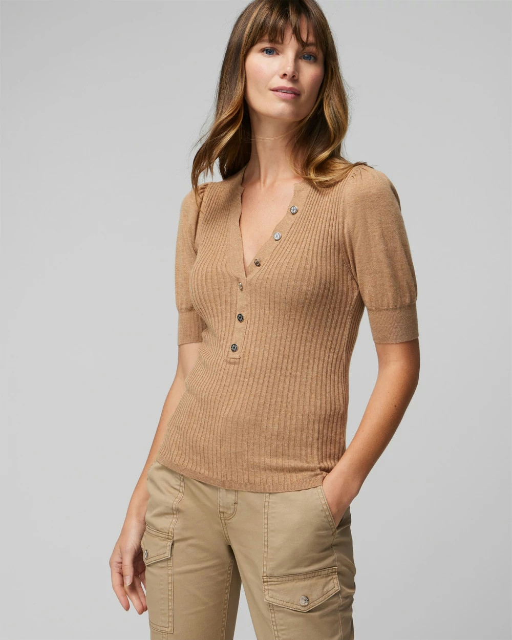 White House Black Market Elbow Sleeve Cashmere Blend Puff Henley Sweater In Brown