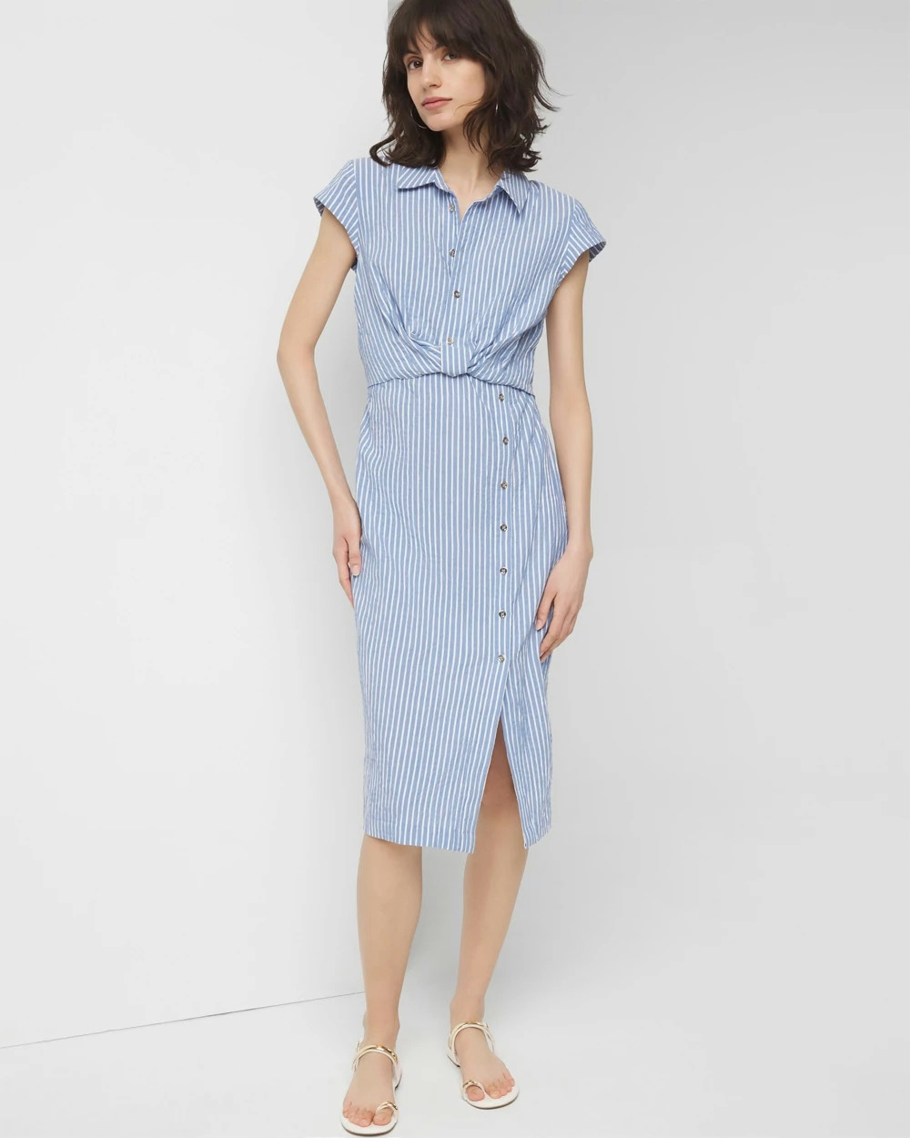 White House Black Market Short Sleeve Button Detail Dress In Blue And White Yd Stripe