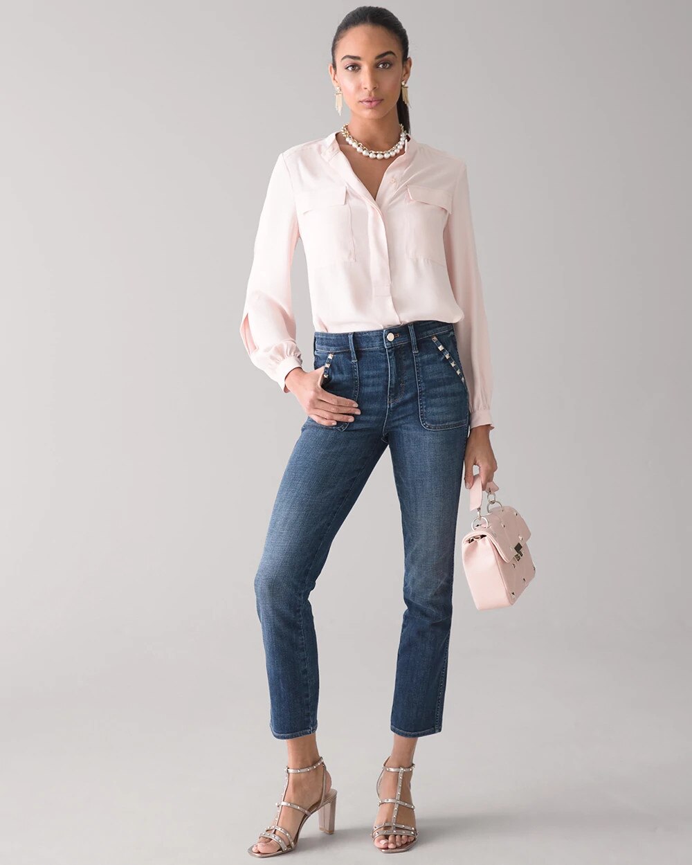Curvy High Rise Everyday Soft Denim Studded Cropped Jeans White