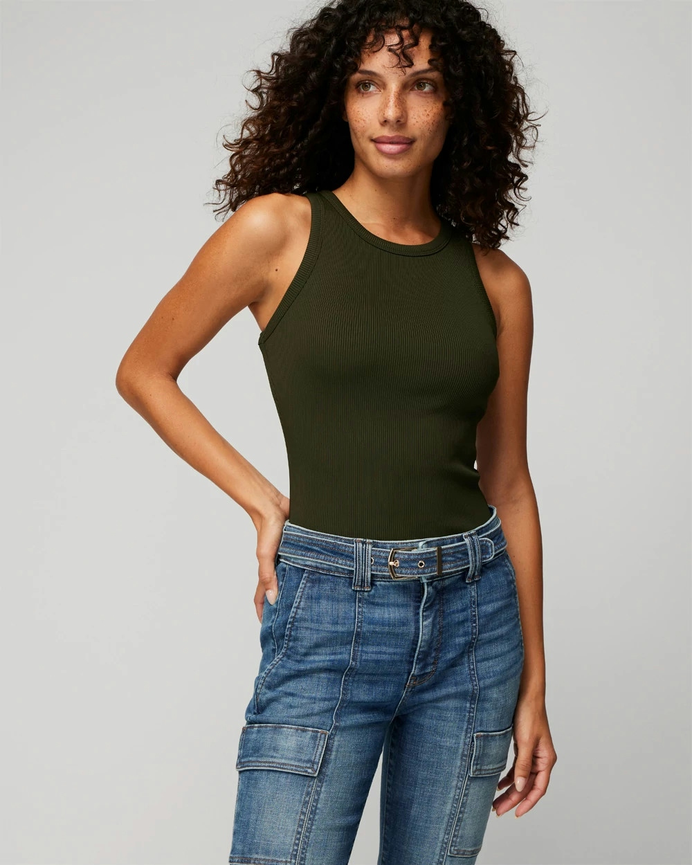 White House Black Market Wide Ribbed Tank Top In Olive Green
