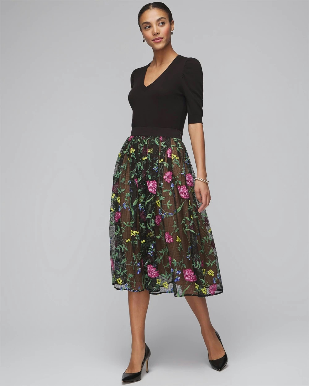 Shop White House Black Market Embroidered Fit & Flare Skirt In Springtime Embroidery