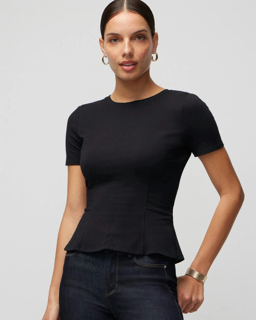 White House Black Market Short-sleeve Seamed Bodice T-shirt In Black