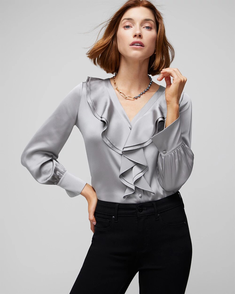 Ruffle front blouse long sleeve sales