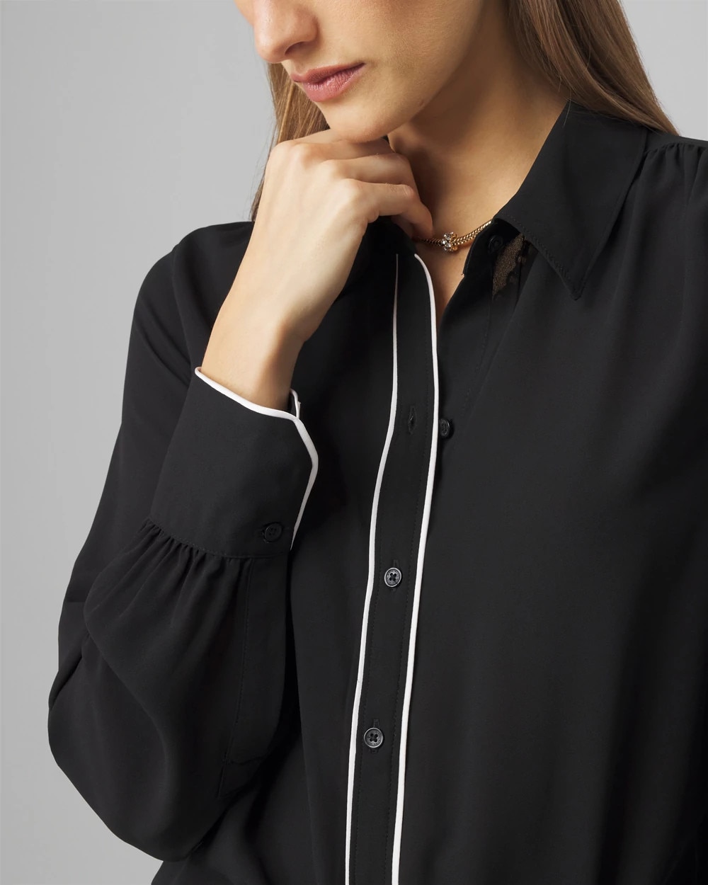 White House Black Market Long Sleeve Soft Shirt With Piping In Black Ecru Colorblock
