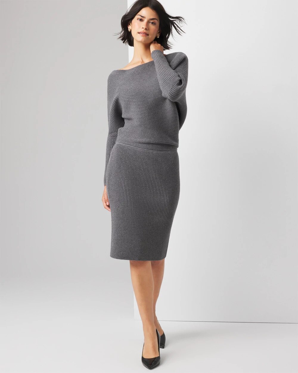White House Black Market Off-shoulder Ribbed Sweater Dress In Heather Smoked Pearl