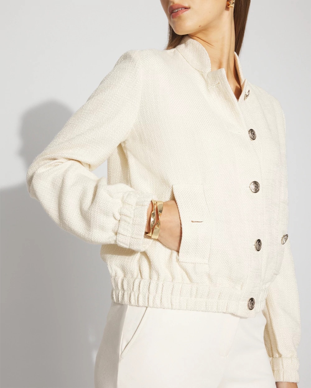 White House Black Market Tweed Bomber Jacket In White