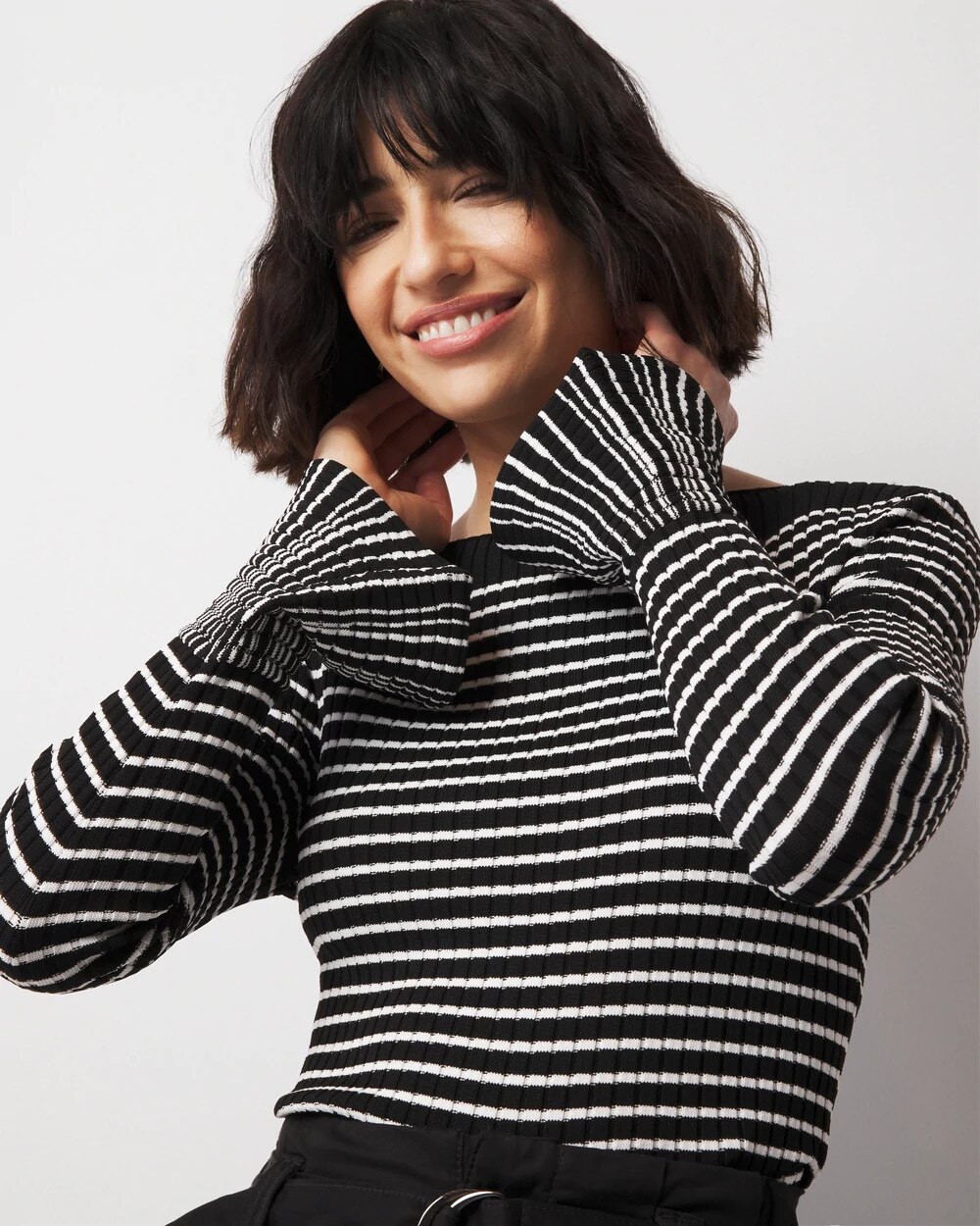 White House Black Market Striped Flared Cuff Sweater In Black/ecru Stripe