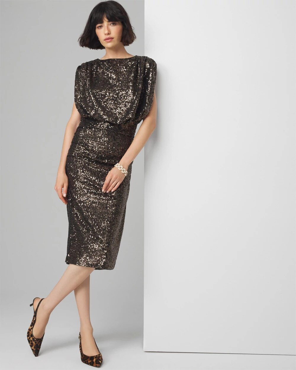 White House Black Market Petite Sequin Ruched Midi Dress In Gunmetal