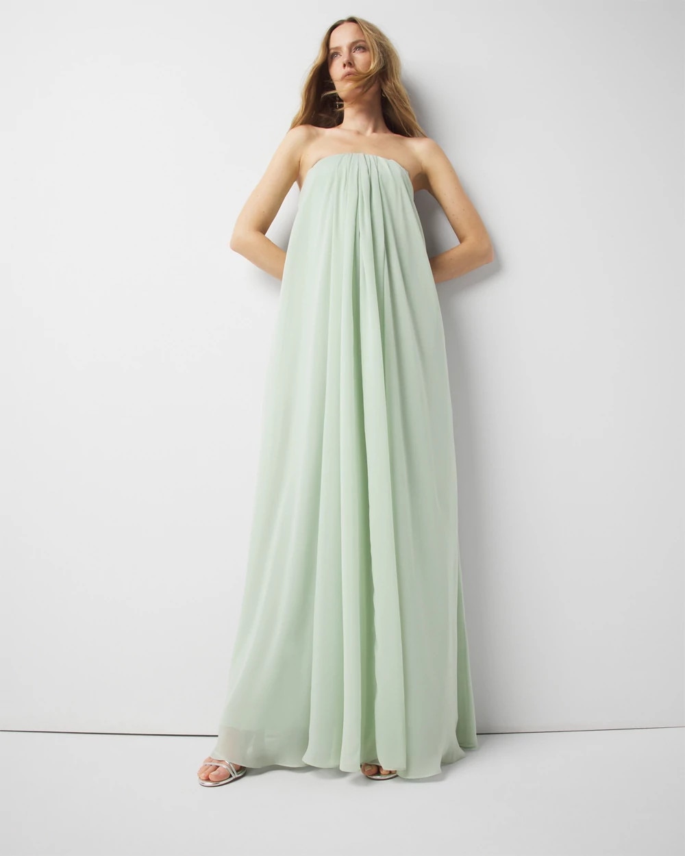 White House Black Market Strapless Chiffon Drape Gown In Sage Mint
