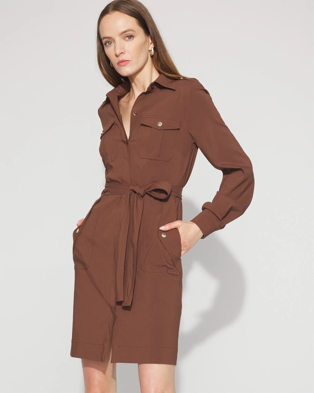 White House Black Market Long-sleeve Utility Shirt Dress In Brown
