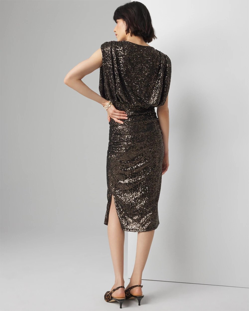 White House Black Market Petite Sequin Ruched Midi Dress In Gunmetal