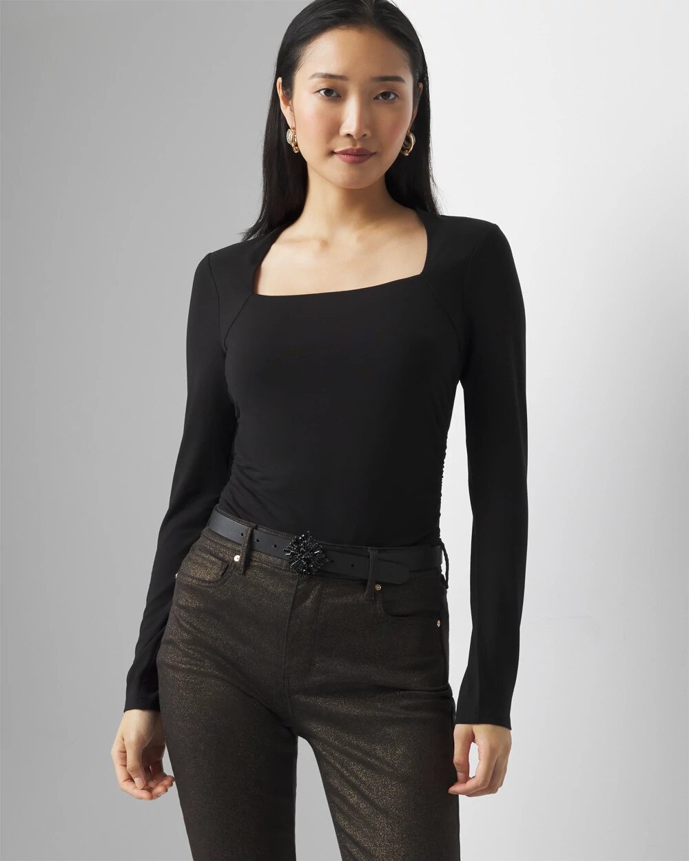 White House Black Market Square Neck Ruched Top In Black