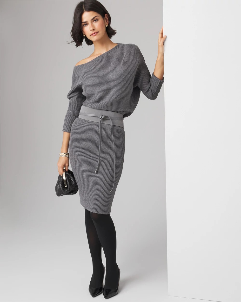 White House Black Market Off-shoulder Ribbed Sweater Dress In Heather Smoked Pearl
