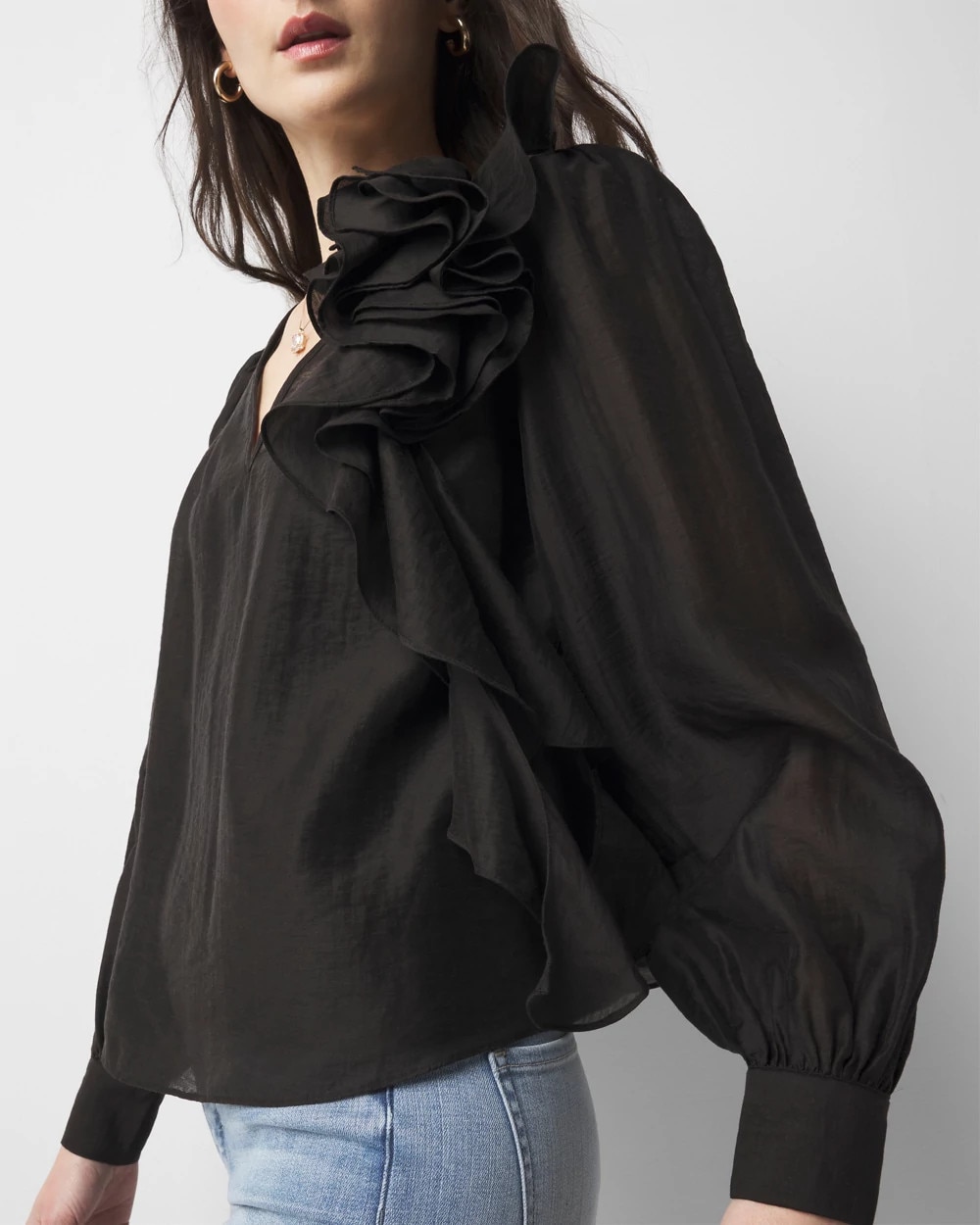 White House Black Market Ruffle Statement Blouse In Black