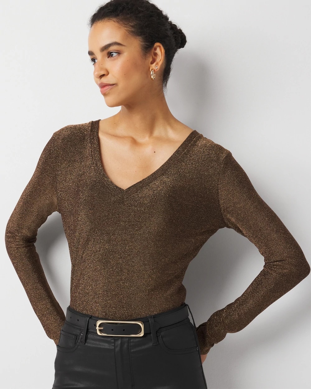 White House Black Market Sparkle Knit Top In Antique Bronze Metallic
