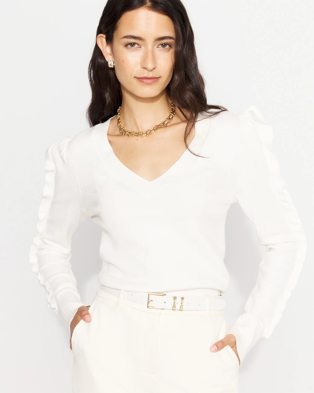 White House Black Market Ruffle Sleeve Pullover Sweater In Multi