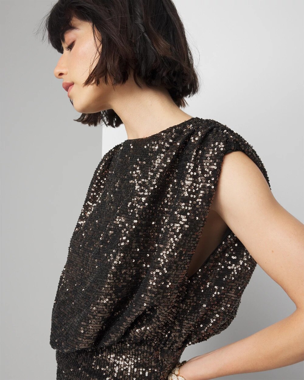 White House Black Market Petite Sequin Ruched Midi Dress In Gunmetal