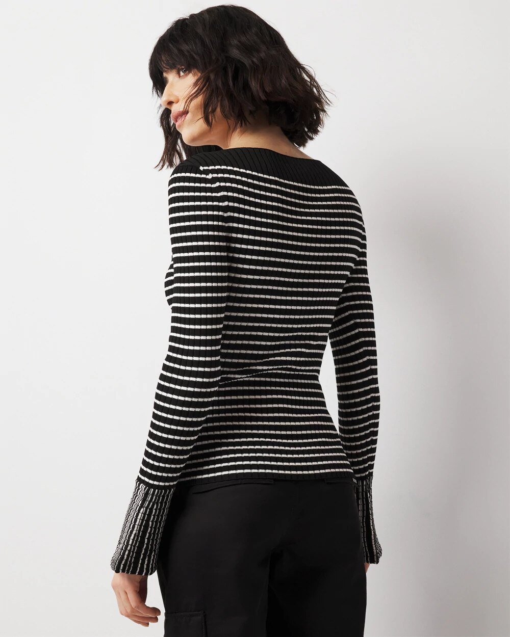 White House Black Market Striped Flared Cuff Sweater In Black/ecru Stripe
