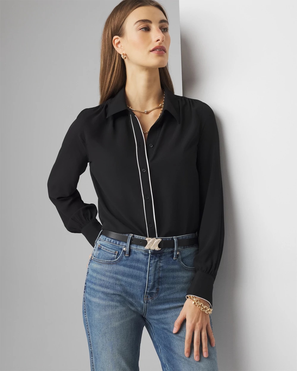 White House Black Market Long Sleeve Soft Shirt With Piping In Black Ecru Colorblock