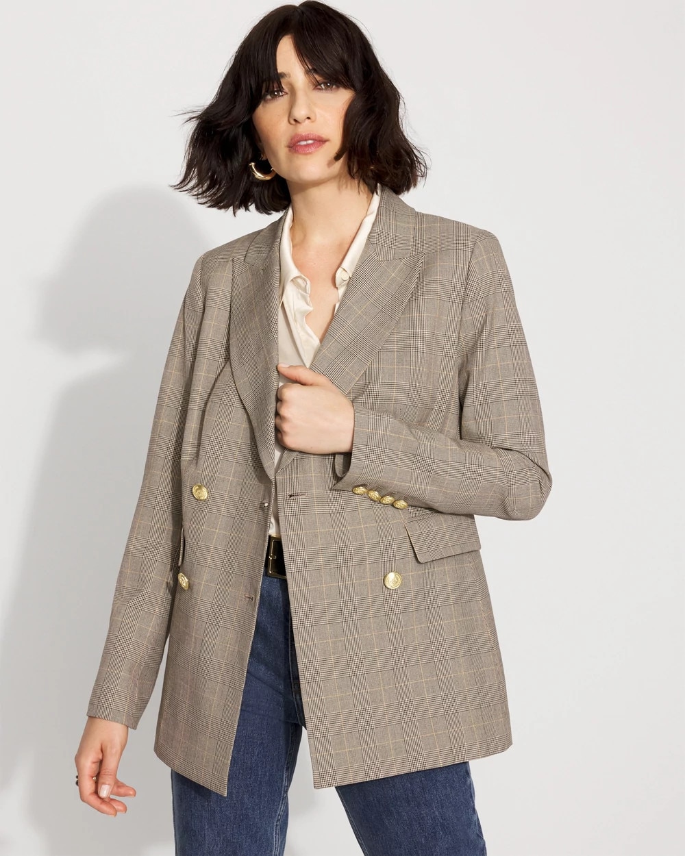 White House Black Market Petite Plaid Double-breasted Blazer In Neutral