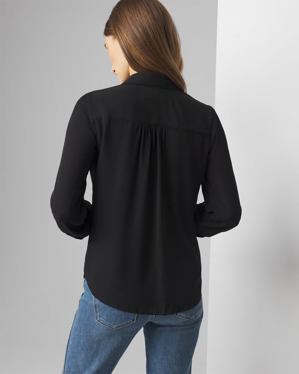 White House Black Market Long Sleeve Soft Shirt With Piping In Black Ecru Colorblock